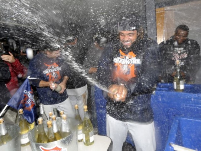 Fielder Celebrates with Champagne in Club House