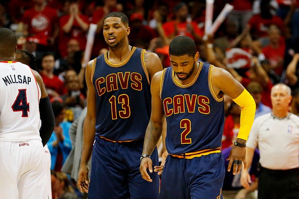 Tristan Thompson #13 and Kyrie Irving #2 of the Cleveland Cavaliers