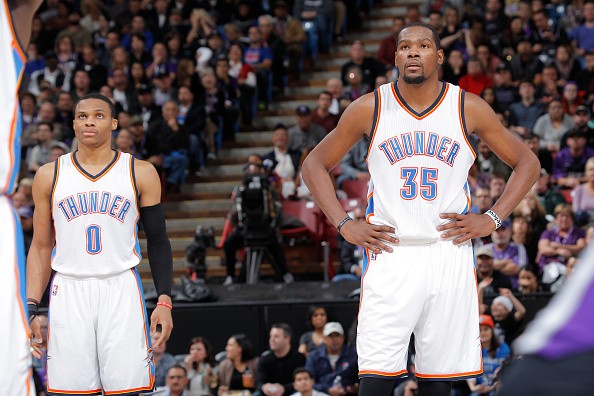 Russell Westbrook #0 and Kevin Durant #35 of the Oklahoma City Thunder