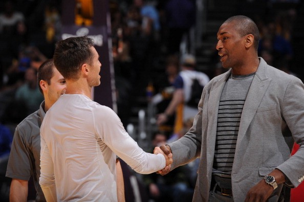 Steve Nash #10 of the Los Angeles Lakers and Metta World Peace