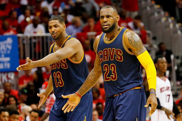 LeBron James #23 and Tristan Thompson #13 of the Cleveland Cavaliers 