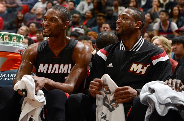 Dwyane Wade #3 and Chris Bosh #1 of the Miami Heat