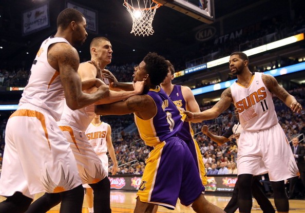 Nick Young #0 of the Los Angeles Lakers, Markieff Morris #11 of the Phoenix Suns