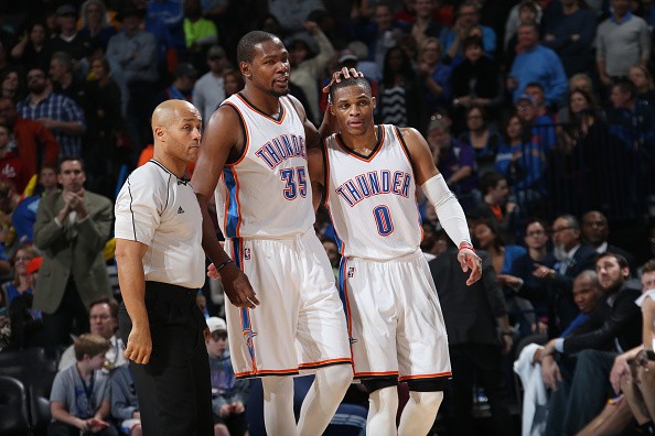 Kevin Durant #35 and Russell Westbrook #0 of the Oklahoma City Thunder 