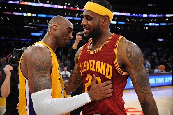 Kobe Bryant #24 of the Los Angeles Lakers, LeBron James #23 of the Cleveland Cavaliers