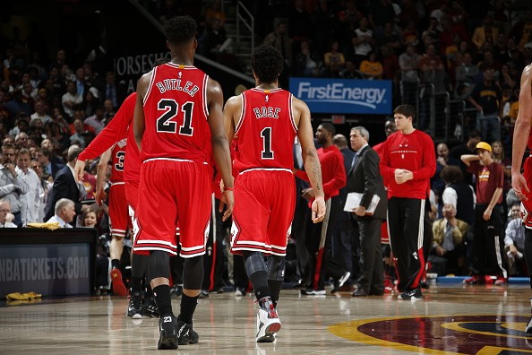 Jimmy Butler #21 and Derrick Rose #1 of the Chicago Bulls 