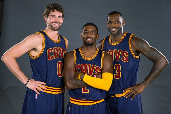 Kevin Love #0 Kyrie Irving #2 and LeBron James #23 of the Cleveland Cavaliers