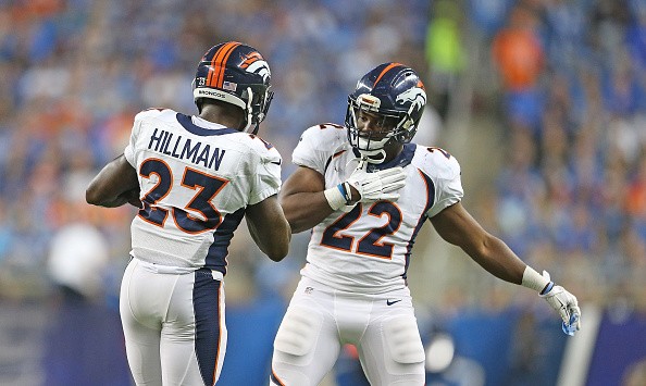 Ronnie Hillman #23 and C.J. Anderson #22 of the Denver Broncos