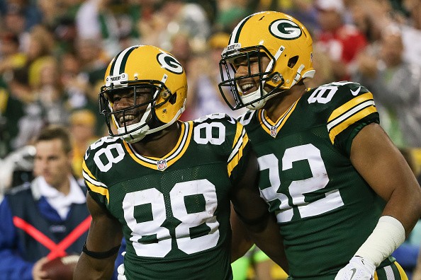 Ty Montgomery #88 and Richard Rodgers #82 of the Green Bay Packers