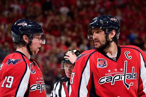 Nicklas Backstrom #19 and Alex Ovechkin #8 of the Washington Capitals 