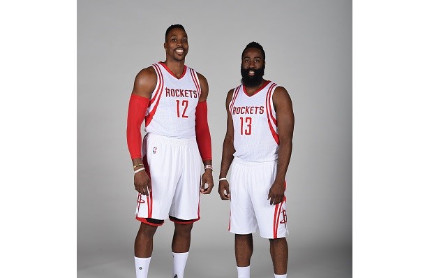 James Harden #13 and Dwight Howard #12 of the Houston Rockets 