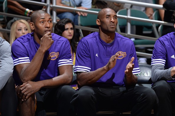 Metta World Peace #37 and Kobe Bryant #24 of the Los Angeles Lakers