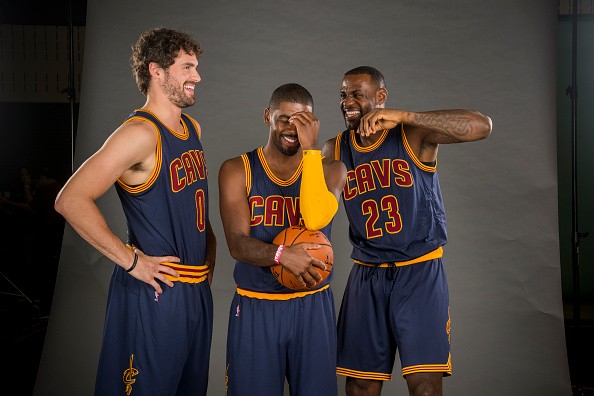 Kevin Love #0 Kyrie Irving #2 and LeBron James #23 of the Cleveland Cavaliers 
