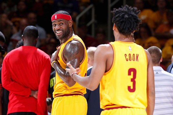 LeBron James #23 of the Cleveland Cavaliers, Quinn Cook #3 