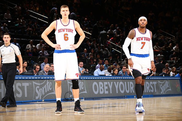 Kristaps Porzingis #6 of the New York Knicks and Carmelo Anthony #7 of the New York Knicks 