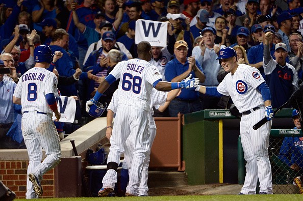 Jorge Soler #68 of the Chicago Cubs celebrates with Anthony Rizzo #44 of the Chicago Cubs