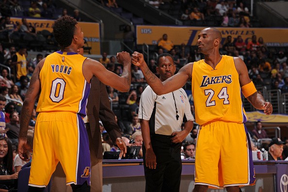 Nick Young #0 and Kobe Bryant #24 of the Los Angeles Lakers