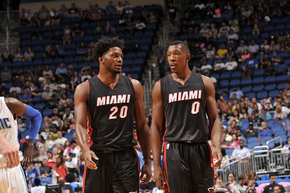 Justise Winslow #20 of the Miami Heat and Josh Richardson #0 of the Miami Heat 