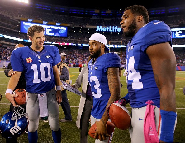 Eli Manning #10,Odell Beckham Jr. #13 and Larry Donnell #84 of the New York Giants