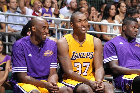 Kobe Bryant #24 of the Los Angeles Lakers and Metta World Peace #37 of the Los Angeles Lakers