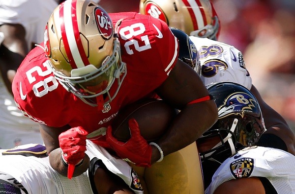 Running back Carlos Hyde #28 of the San Francisco 49ers