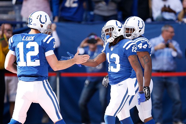 T.Y Hilton #13 and Andrew Luck #12 of the Indianapolis Colts