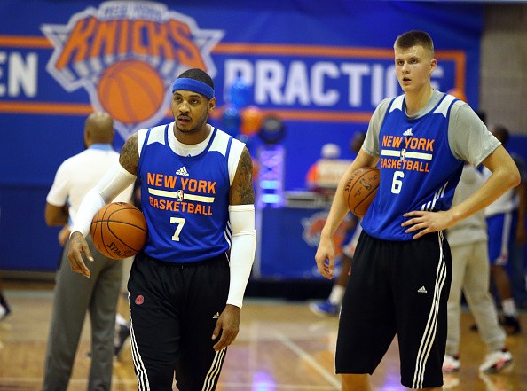 Carmelo Anthony #7 and Kristaps Porzingis #6 of the New York Knicks