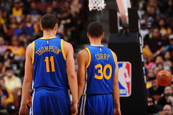 Klay Thompson #11 of the Golden State Warriors and Stephen Curry #30 of the Golden State Warriors