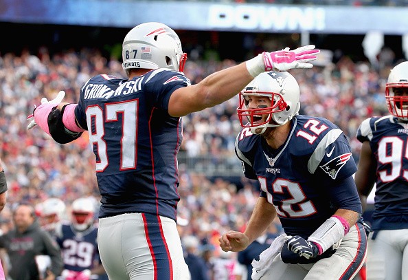 Tom Brady #12 and Rob Gronkowski #87 of the New England Patriots