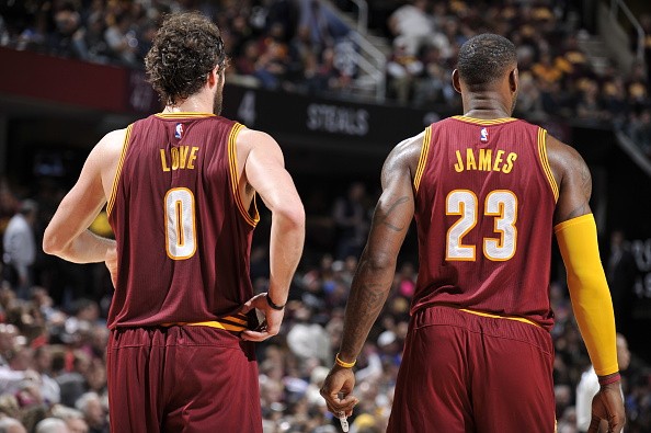 Kevin Love #0 of the Cleveland Cavaliers and LeBron James #23 