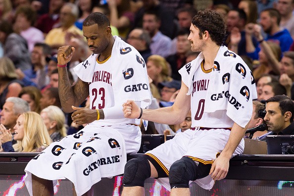 LeBron James #23 and Kevin Love #0 of the Cleveland Cavaliers 