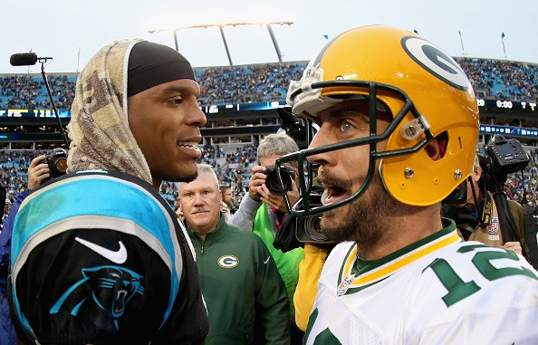 Cam Newton #1 of the Carolina Panthers and Aaron Rodgers #12 of the Green Bay Packers