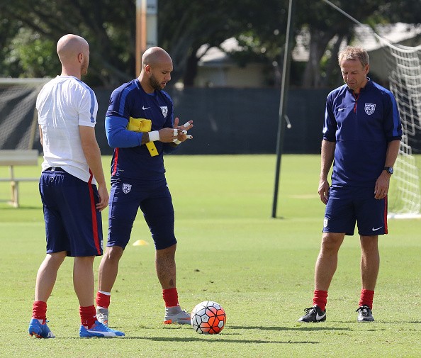 US National Soccer Team players Tim Howard, center, and Michael Bradley