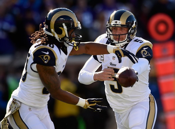 Quarterback Nick Foles #5 of the St. Louis Rams, Todd Gurley #30