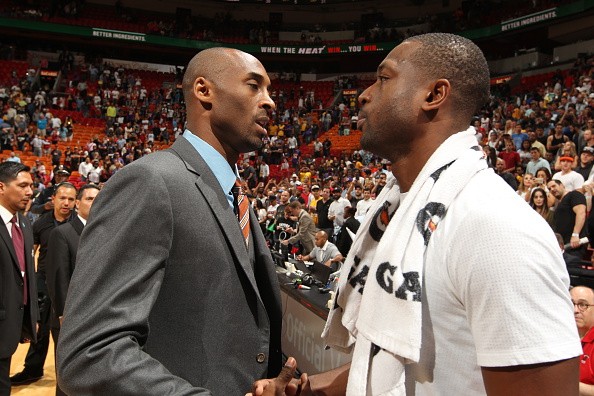 Kobe Bryant #24 of the Los Angeles Lakers and Dwyane Wade #3 of the Miami Heat