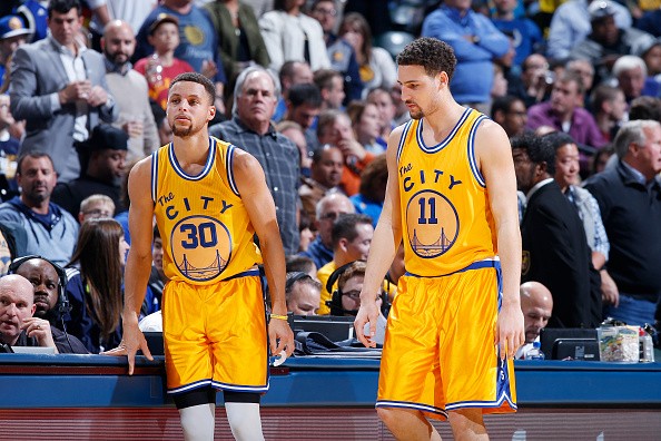 Stephen Curry #30 and Klay Thompson #11 of the Golden State Warriors