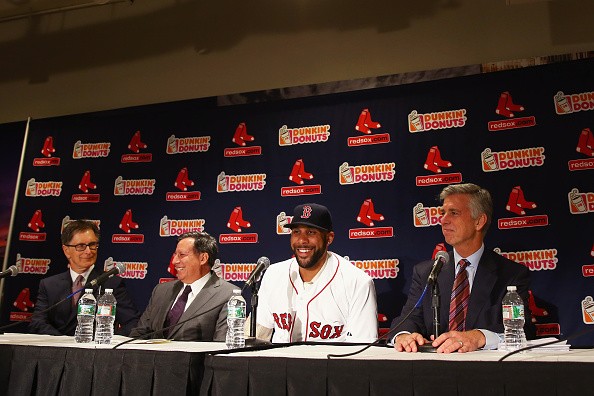 From left Red Sox Owner John Henry, Chairman Tom Werner, pitcher David Price