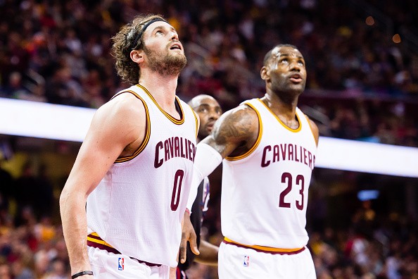 Kevin Love #0 of the Cleveland Cavaliers and LeBron James #23