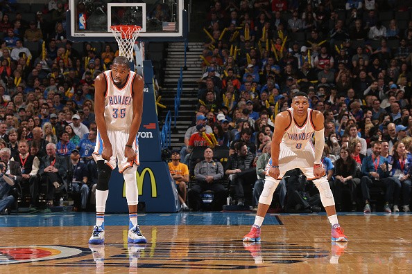 Kevin Durant #35 and Russell Westbrook #0 of the Oklahoma City Thunder