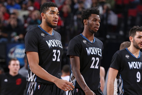 Karl-Anthony Towns #32 and Andrew Wiggins #22 of the Minnesota Timberwolves