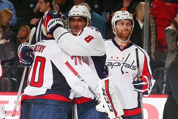 Alex Ovechkin #8 and Braden Holtby #70 of the Washington Capitals 