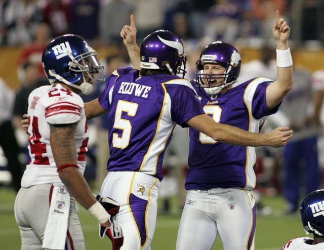 Minnesota Vikings kicker Ryan Longwell celebrates with Chris Kluwe 