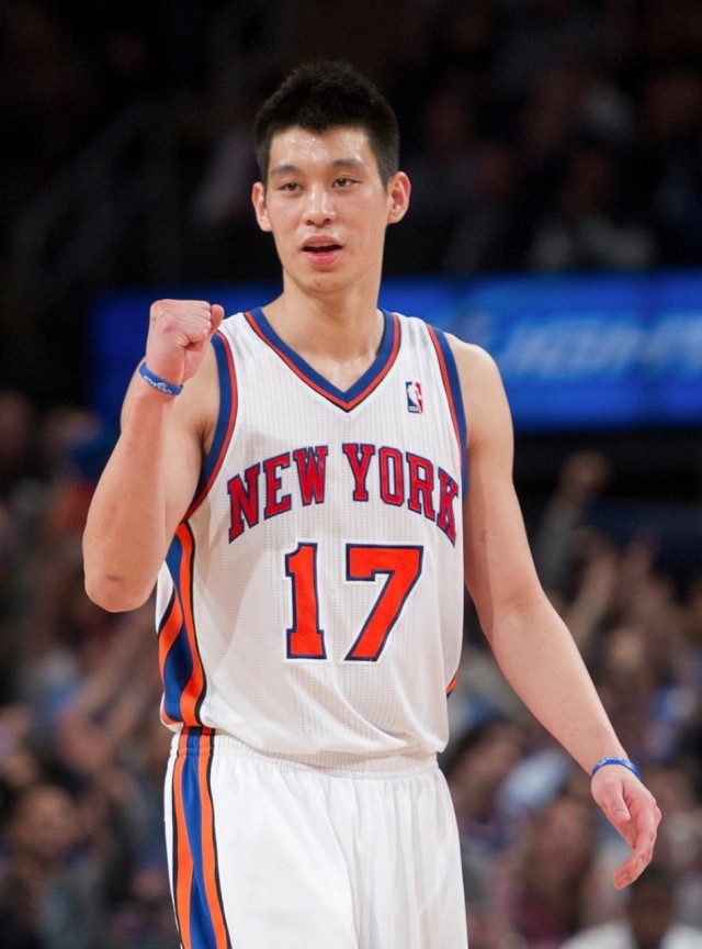 New York Knicks guard Jeremy Lin (17) reacts 
