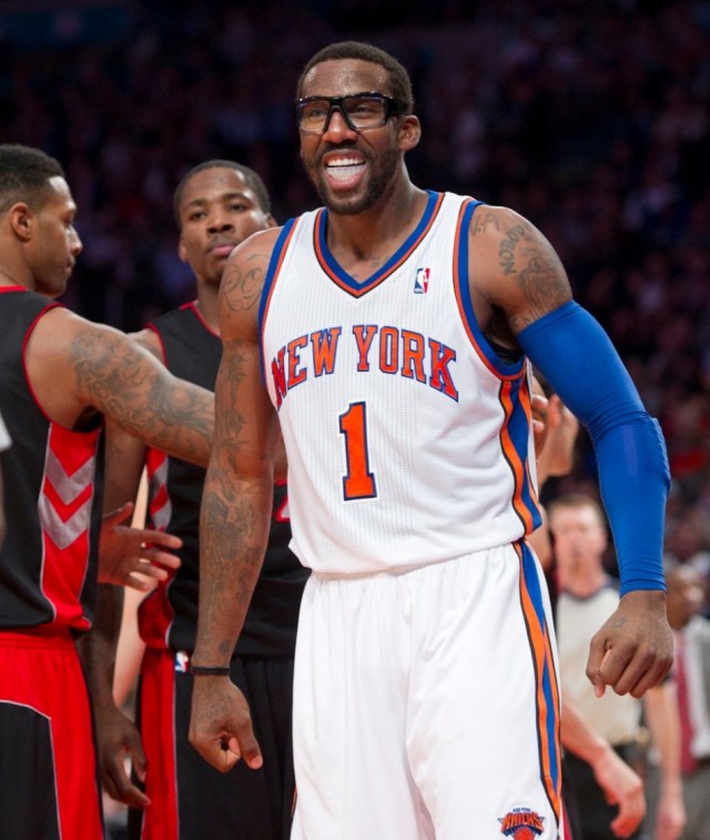 New York Knicks forward Amare Stoudemire (1) reacts