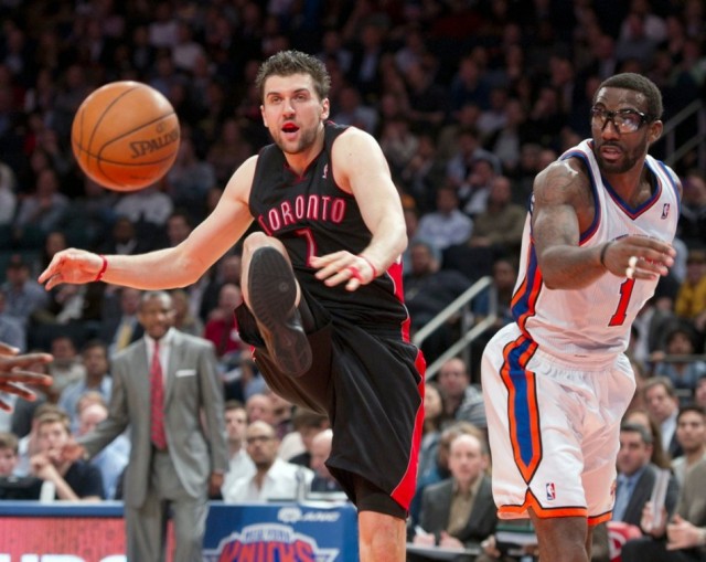 The ball gets away from Toronto Raptors center Andrea Bargnani (7) 