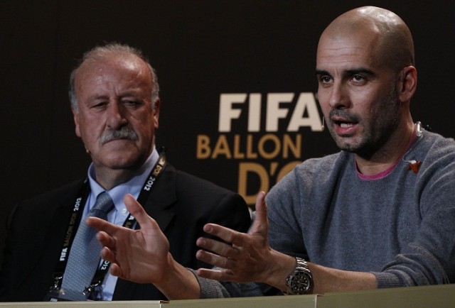 FIFA Men's Coach of the Year nominees Vicente del Bosque of Spain and his compatriot Pep Guardiola 