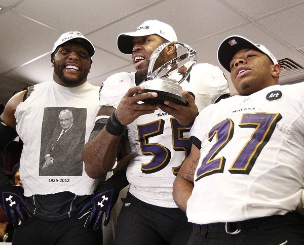 Baltimore Ravens' Terrell Suggs Ray Rice and Ray Lewis