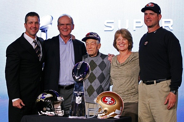 San Francisco 49ers head coach Jim Harbaugh and his brother, Baltimore Ravens head coach John Harbaugh 