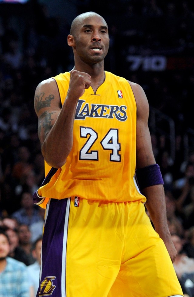 Los Angeles Lakers shooting guard Kobe Bryant (24) reacts after he is fouled 